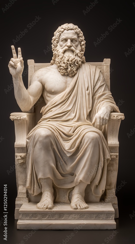 Detailed Off White Stone Deity Statue Seated and Giving Peace Sign Against Dark Background Detailed Off White Stone Deity Statue Seated and Giving Peace Sign Against Dark Background