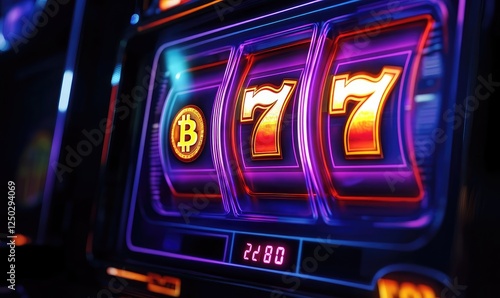 A 3D rendering of a slot machine with glowing neon lights in vibrant pink and purple.