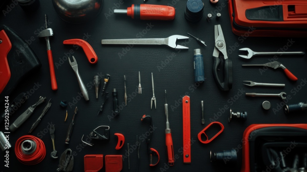 Fototapeta premium Collection of Red Hand Tools and Accessories on Black Background