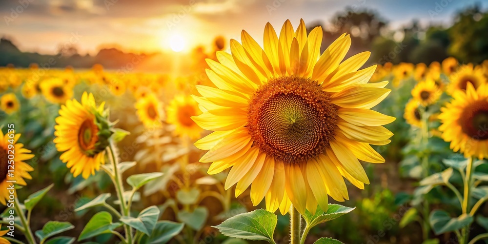 Obraz premium Summer Sunflower Field, Vibrant Yellow Flowers, Blooming Sunflowers, Annual Plant, Helianthus Annuus