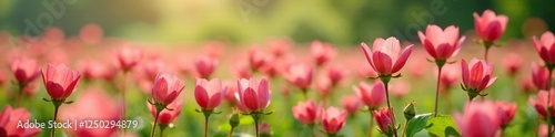 Field of pink strawberry flowers swaying in the gentle breeze, nature, petals, flowers