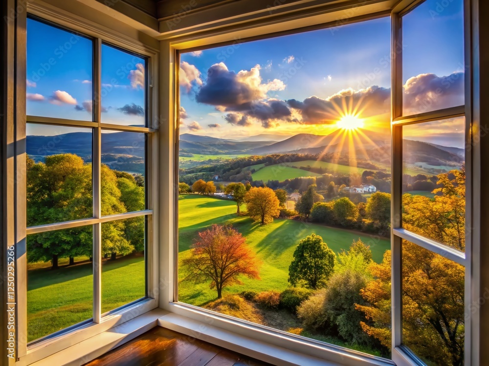 Fototapeta premium Sunlit Landscape Seen Through Window, Bright Light Streaming In, Scenic View