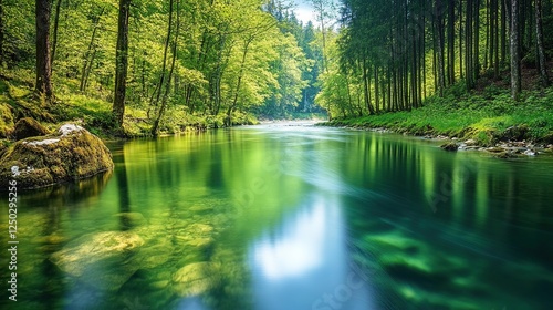 Gentle River Flowing Through the Rainforest with Clear Water Reflecting Trees and a Peaceful Atmosphere