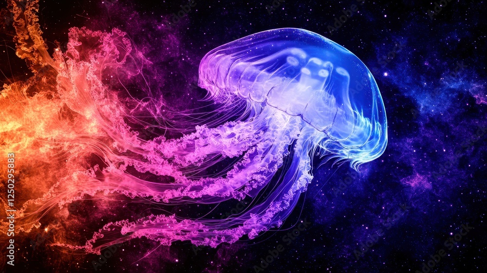 Vibrant Bioluminescent Jellyfish Floating Gracefully in a Cosmic Underwater Universe with Colorful Tentacles Vibrant Bioluminescent Jellyfish Floating Gracefully in a Cosmic Underwater Universe with Colorful Tentacles