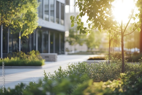 Sunny urban plaza, green landscaping, modern building background, sunset, architectural design