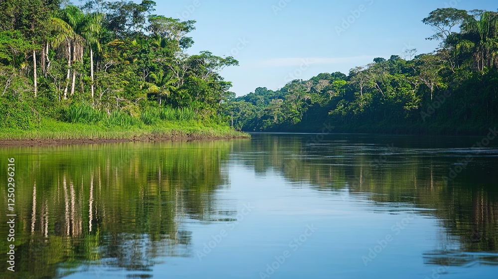 Gentle River Flowing Through the Rainforest with Clear Water Reflecting Trees and a Peaceful Atmosphere Gentle River Flowing Through the Rainforest with Clear Water Reflecting Trees and a Peaceful Atmosphere