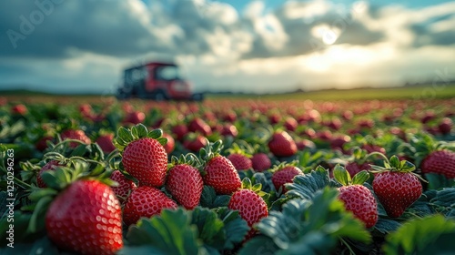 Lush strawberry field with ripe berries in foreground and tractor harvesting in sunset backdrop