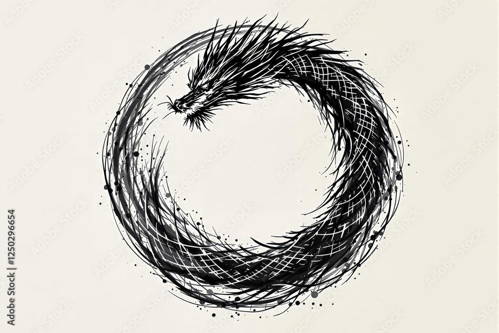Fototapeta premium Abstract dragon ouroboros illustration with ink brush strokes on light background. Concept of eternity, cycle of life, and mysticism. Ai generative