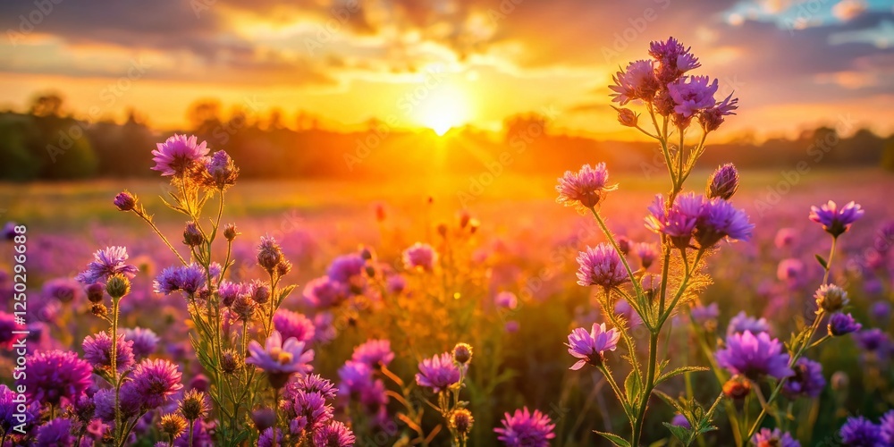 Obraz premium Sunset Purple Flowers Field Meadow Landscape Photography - Blooming Wildflowers at Golden Hour