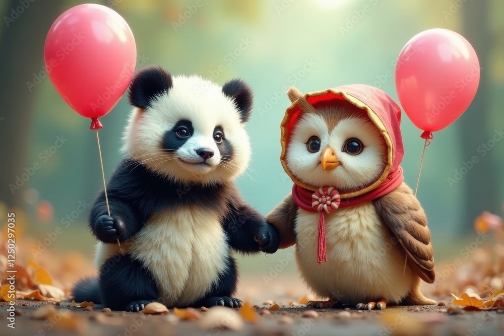 Two cute pandas and owls wearing bonnets, holding balloons , playful, festive, whimsical Two cute pandas and owls wearing bonnets, holding balloons , playful, festive, whimsical