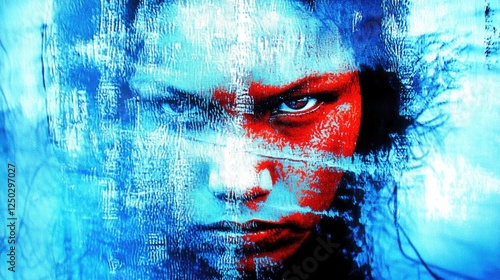 Intense portrait of a determined individual with striking blue and red hues evoking powerful emotions and themes of conflict photo