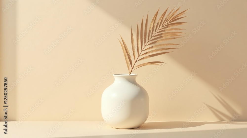 Dried Palm Leaf in a Simple White Vase on Beige Background with Sunlight Shadows Dried Palm Leaf in a Simple White Vase on Beige Background with Sunlight Shadows