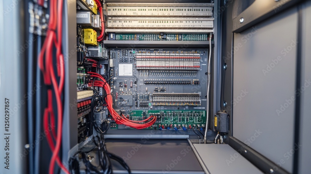 Internal view of a control panel featuring circuit boards and wiring for automation systems. Internal view of a control panel featuring circuit boards and wiring for automation systems.