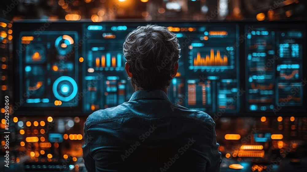 Person analyzing data on multiple screens in a high-tech environment with glowing interfaces Person analyzing data on multiple screens in a high-tech environment with glowing interfaces