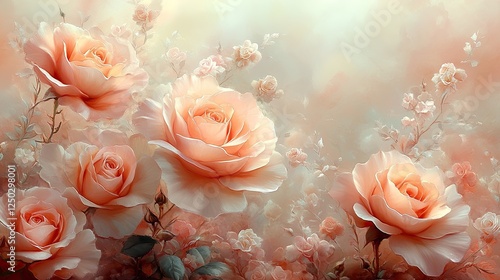 Soft pink roses in a dreamy garden setting with delicate blossoms and a serene background