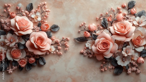 Beautifully arranged coral roses and delicate blossoms on a textured background, showcasing floral artistry