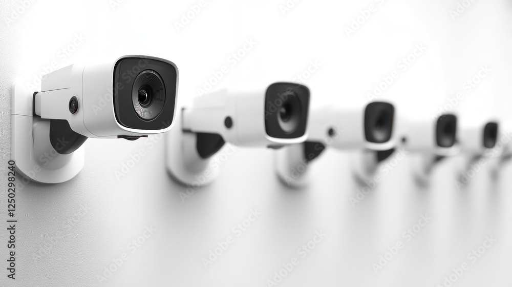Row of modern security cameras mounted on a clean white wall, enhancing safety in urban spaces Row of modern security cameras mounted on a clean white wall, enhancing safety in urban spaces