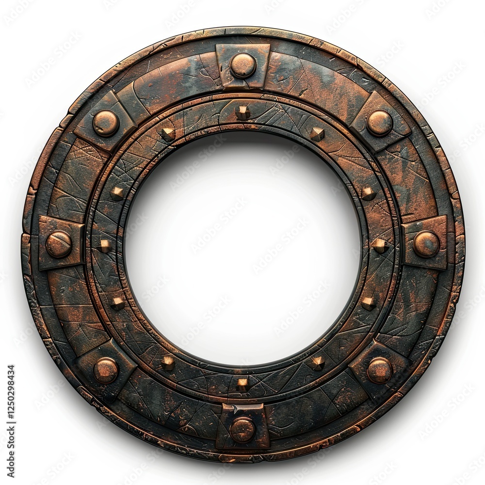 A circular, ornate shield design with a textured surface and metallic accents. isolated on white background A circular, ornate shield design with a textured surface and metallic accents. isolated on white background