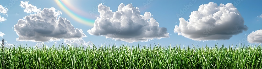 Fototapeta premium Lush Green Grass with Bright Blue Sky, Fluffy White Clouds, and a Beautiful Rainbow Arcing Across the Horizon in Serene Daytime Landscape