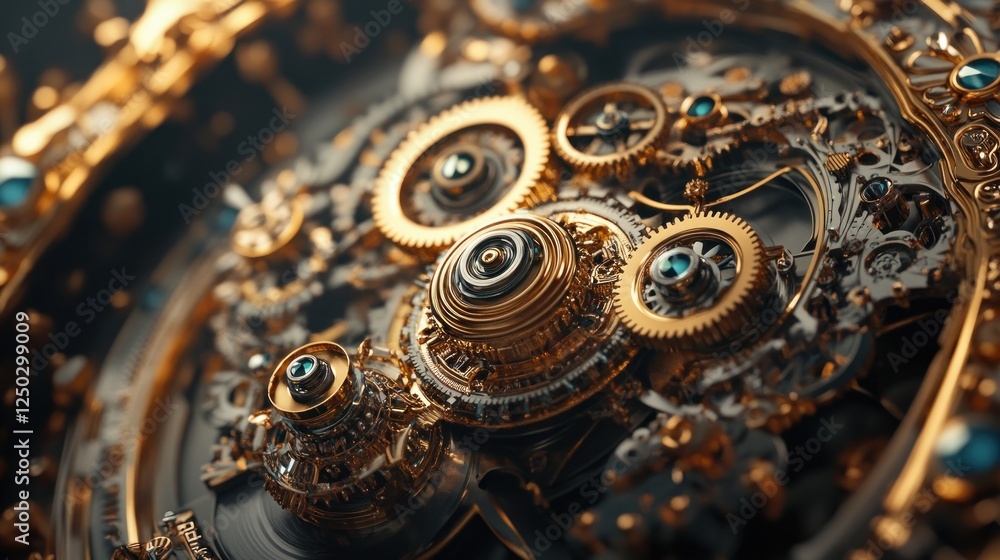 Intricate close-up of a golden clockwork mechanism showcasing gears and jewels. Intricate close-up of a golden clockwork mechanism showcasing gears and jewels.