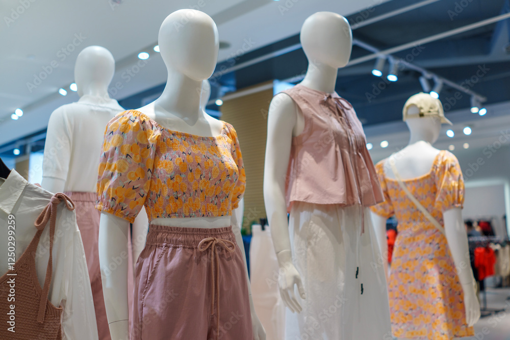 Obraz premium Trendy Women's Fashion Display in Retail Clothing Store
