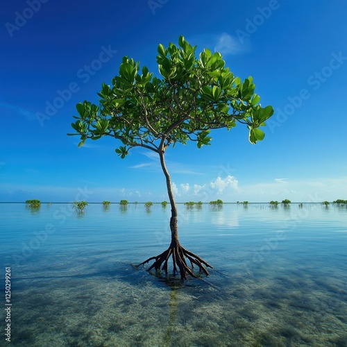 Mangrove seedling in clear shallow water, vibrant sky, tranquil scene photo