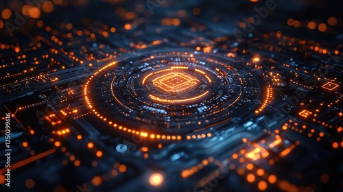 Abstract close-up of a futuristic circuit board with glowing orange lights and intricate patterns