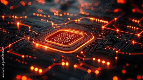 Close-up view of a glowing microchip on a circuit board with intricate connections and vibrant lights