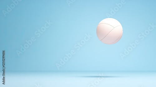 A volleyball suspended in mid-air against a soft blue background, creating a serene atmosphere