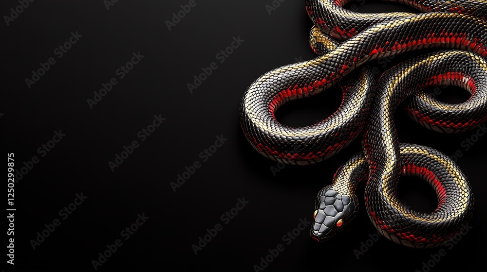 Obraz premium Snake with Gold and Red Lines on Body Against Black Background: Gradient Highlights with Space for Copy
