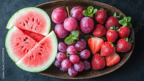 A vibrant assortment of fresh fruits including watermelon, grapes, strawberries, and mint on a wooden platter