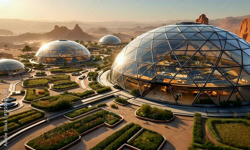 Futuristic Desert Oasis: Sustainable Domes in Arid Landscape Futuristic Desert Oasis: Sustainable Domes in Arid Landscape