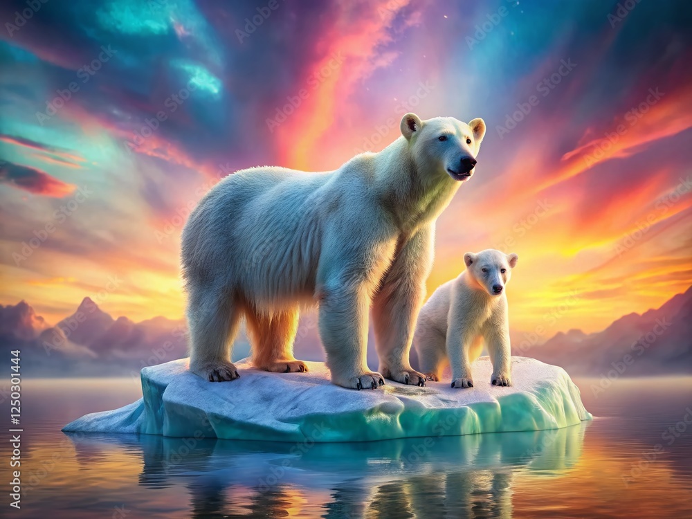 Surreal Polar Bear Family on Melting Iceberg, Arctic Dreamscape Surreal Polar Bear Family on Melting Iceberg, Arctic Dreamscape