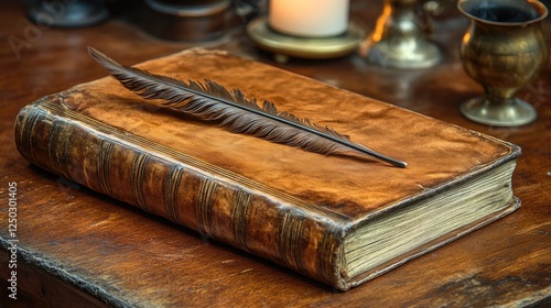 Antique leather-bound book with a quill on a wooden table, candlelight creating a warm atmosphere