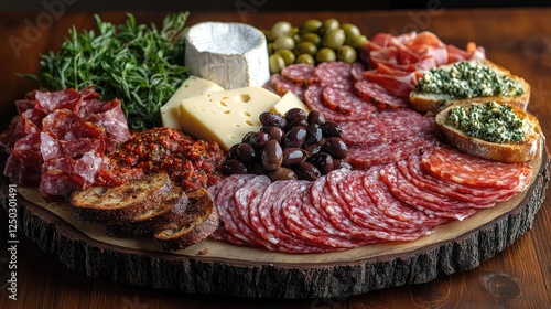 A beautifully arranged charcuterie board featuring meats, cheeses, and garnishes on a wooden platter