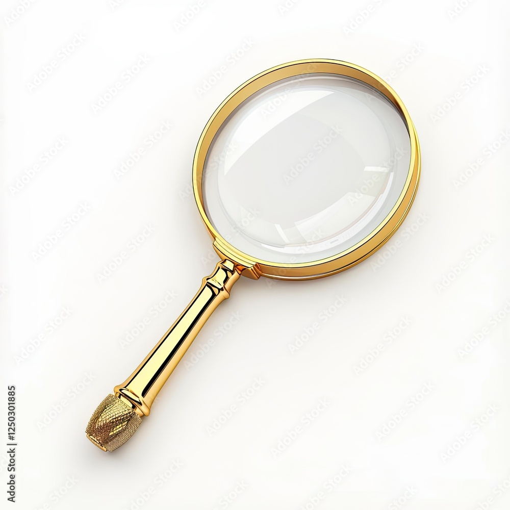 A golden magnifying glass with a round lens, used for close inspection of objects. isolated on white background A golden magnifying glass with a round lens, used for close inspection of objects. isolated on white background