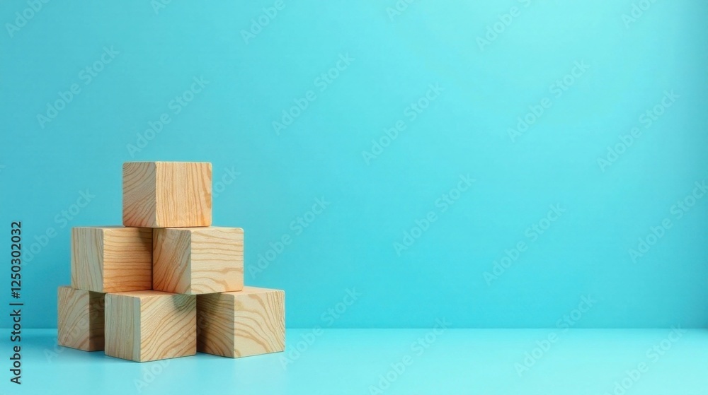 Simple Wooden Blocks Arranged in a Pyramid Shape Against a Light Blue Background Simple Wooden Blocks Arranged in a Pyramid Shape Against a Light Blue Background