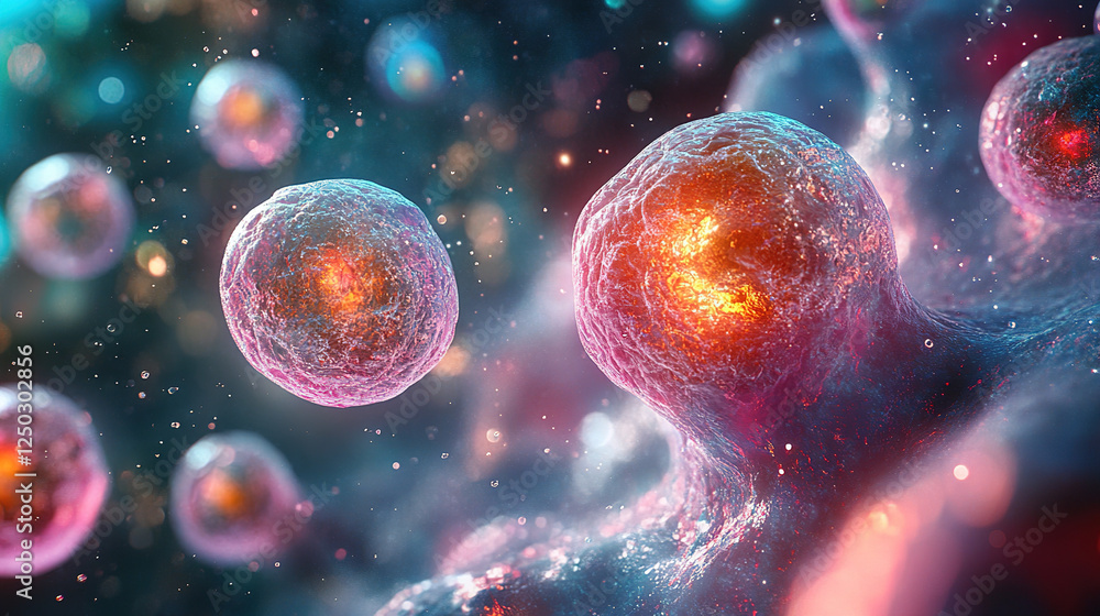 Fototapeta premium A cluster of glowing cells interconnected, visualized under a microscope, suggesting scientific research and medical innovation.