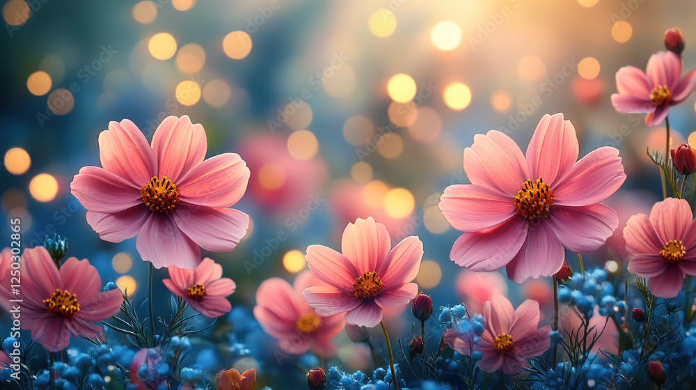 Delicate pink flowers in a dreamy field bathed. Delicate pink flowers in a dreamy field bathed.