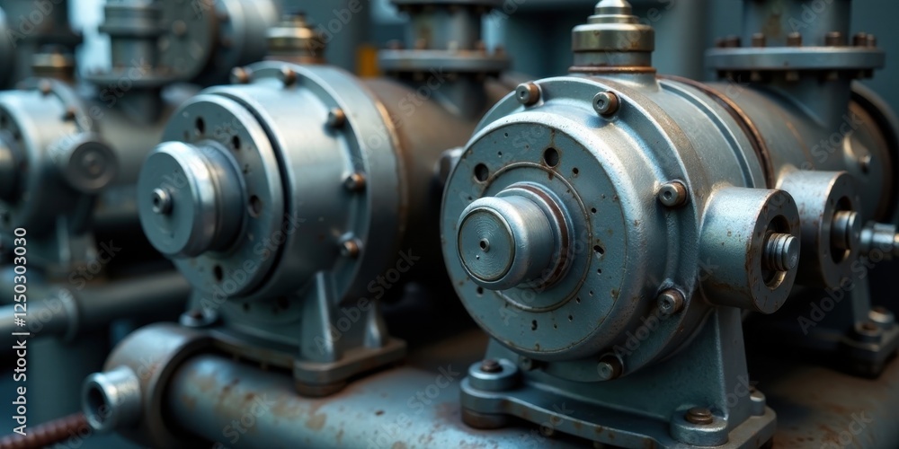 Close-up view of aged industrial machinery components, showcasing intricate metallic details and weathered surfaces. Close-up view of aged industrial machinery components, showcasing intricate metallic details and weathered surfaces.