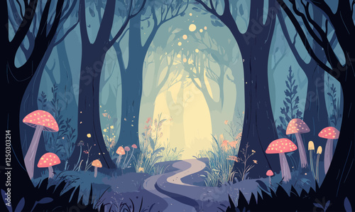 Magical Forest with Glowing Mushrooms and Mystical Creatures in Minimalist Vector Style