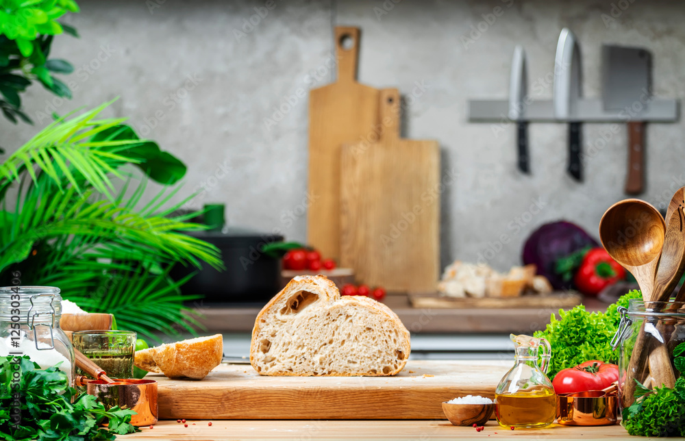 Cut whole grain wheat sourdough bread on wooden cutting board.. Kitchen table with vegetables and herbs against the background of modern classic kitchen Cut whole grain wheat sourdough bread on wooden cutting board.. Kitchen table with vegetables and herbs against the background of modern classic kitchen