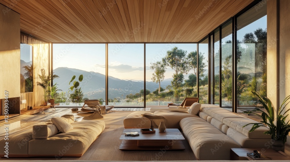 Fototapeta premium Modern living room with large windows showcasing a scenic landscape.