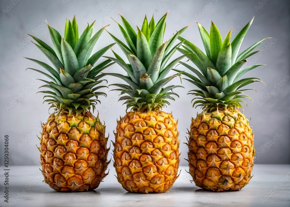 Three ripe pineapples arranged together on a white background. Studio shot, vibrant colors, close-up. Three ripe pineapples arranged together on a white background. Studio shot, vibrant colors, close-up.