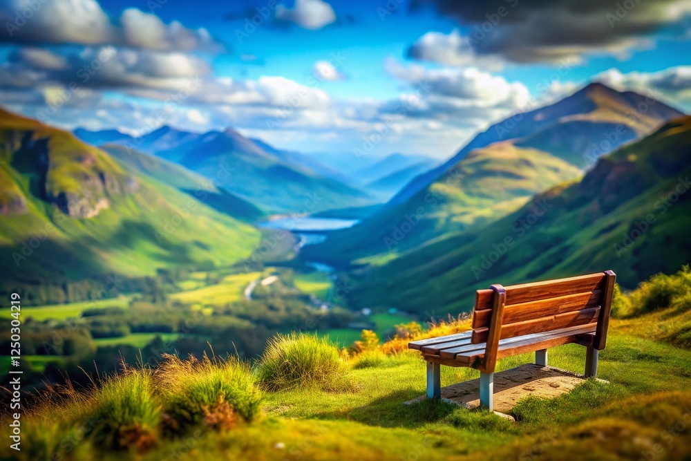 Tilt-Shift Miniature Bench Overlooking Scottish Highlands, Fort William Mountain View Tilt-Shift Miniature Bench Overlooking Scottish Highlands, Fort William Mountain View