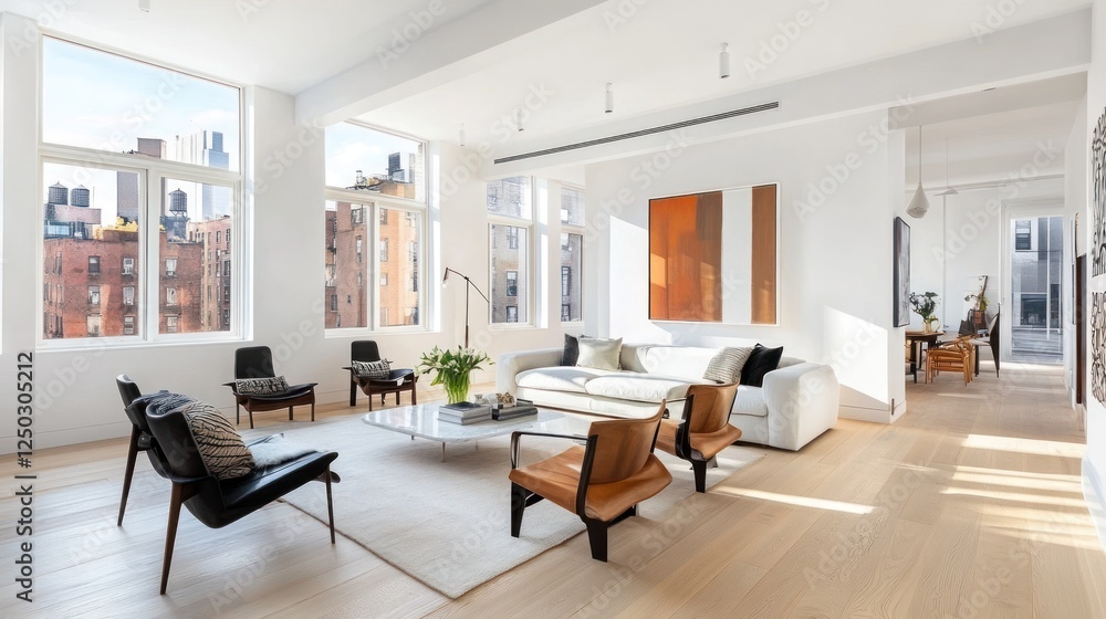 Modern, bright living room with large windows and minimalist furniture. Modern, bright living room with large windows and minimalist furniture.