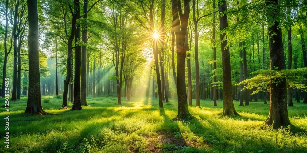 Fototapeta premium Tranquil Forest Escape: Sun-Dappled Green Canopy, Soft Grass, Tall Trees, Nature Scene