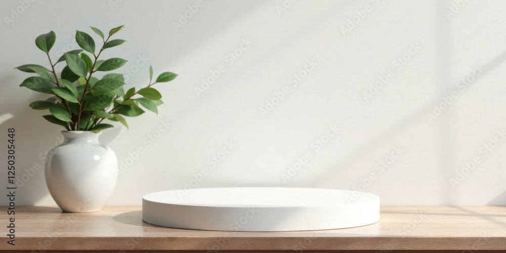Serene Minimalist Display White Circular Pedestal and Greenery in a Simple Vase on Light Wooden Surface Serene Minimalist Display White Circular Pedestal and Greenery in a Simple Vase on Light Wooden Surface