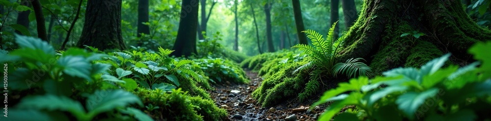 Dark forest floor covered in ferns and moss with a few trees, foliage, tropical forest Dark forest floor covered in ferns and moss with a few trees, foliage, tropical forest