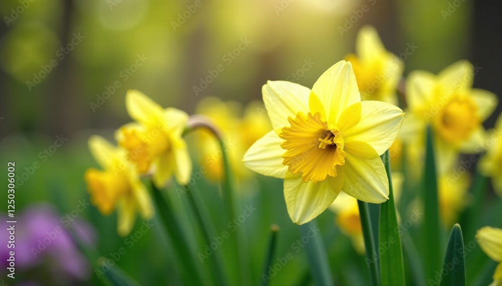 Daffodils swaying gently in the spring breeze, garden, flowers Daffodils swaying gently in the spring breeze, garden, flowers